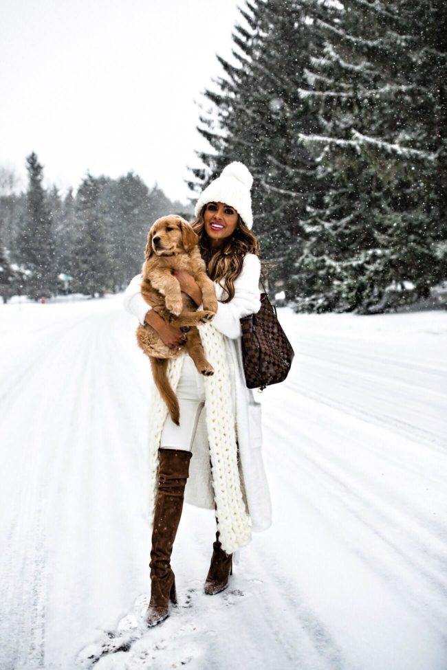 fashion blogger mia mia mine wearing a white chunky knit scarf and white fuzzy sweater from nordstrom