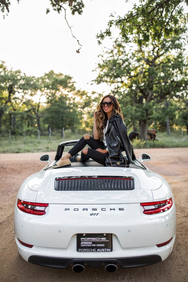 fashion blogger mia mia mine in a porsche 911 from hi tech motorcars austin