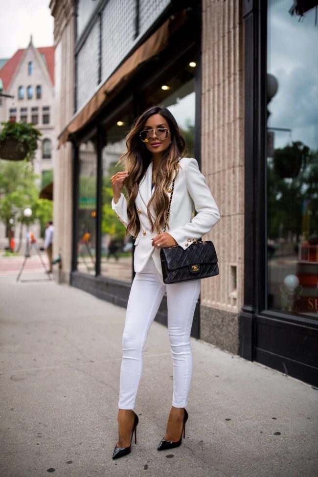 fashion blogger mia mia mine wearing white topshop denim and a white lioness blazer