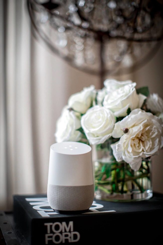 google home displayed in mia mia mine's living room