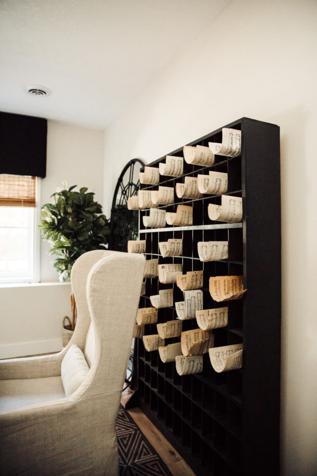 mia mia mine's home office featuring a restoration hardware Belgian wingback slipcovered arm chair