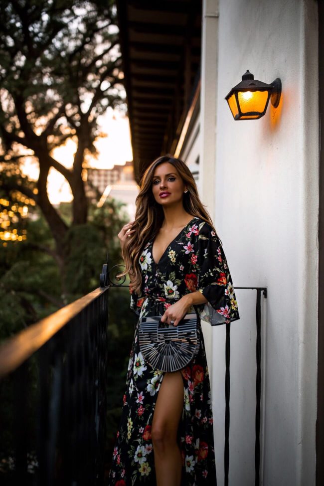 fashion blogger mia mia mine wearing a floral kimono dress by yumi kim for a fall wedding