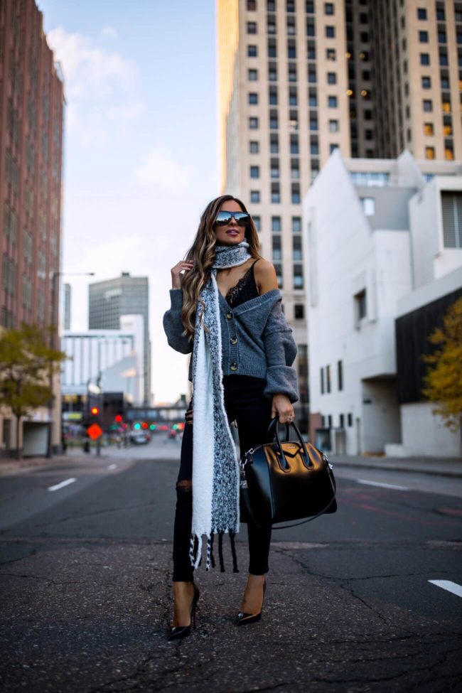 fashion blogger mia mia mine wearing a topshop gray cardigan and black topshop denim