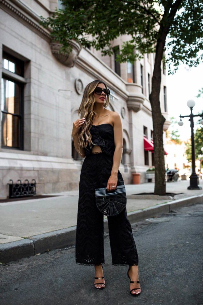 fashion blogger mia mia mine wearing an eyelet jumpsuit from nordstrom