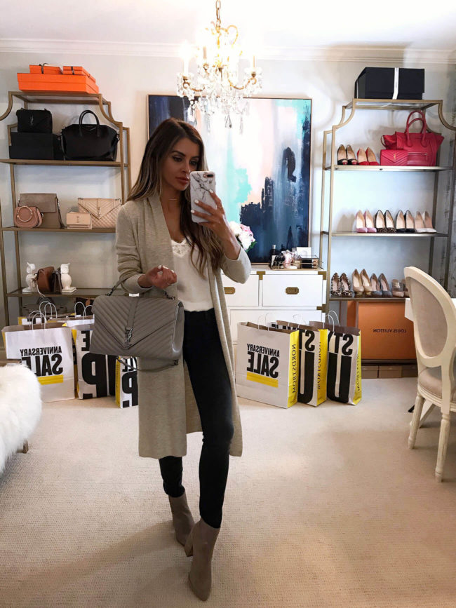 fashion blogger mia mia mine wearing a cardigan and booties from the nsale 2019