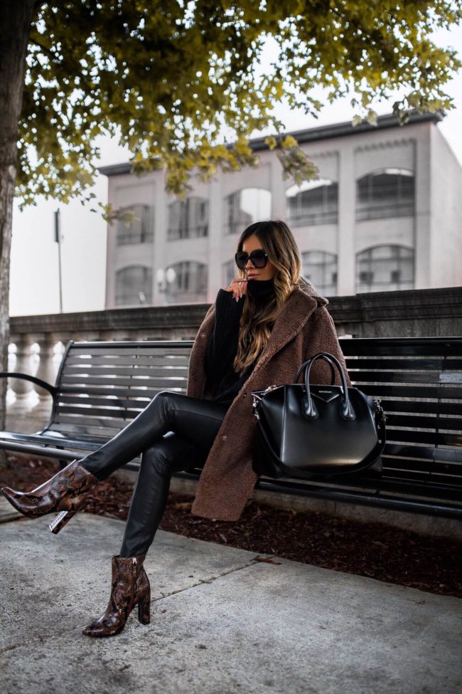 fashion blogger mia mia mine wearing snakeskin booties from walmart and a teddy bear coat from scoop at walmart