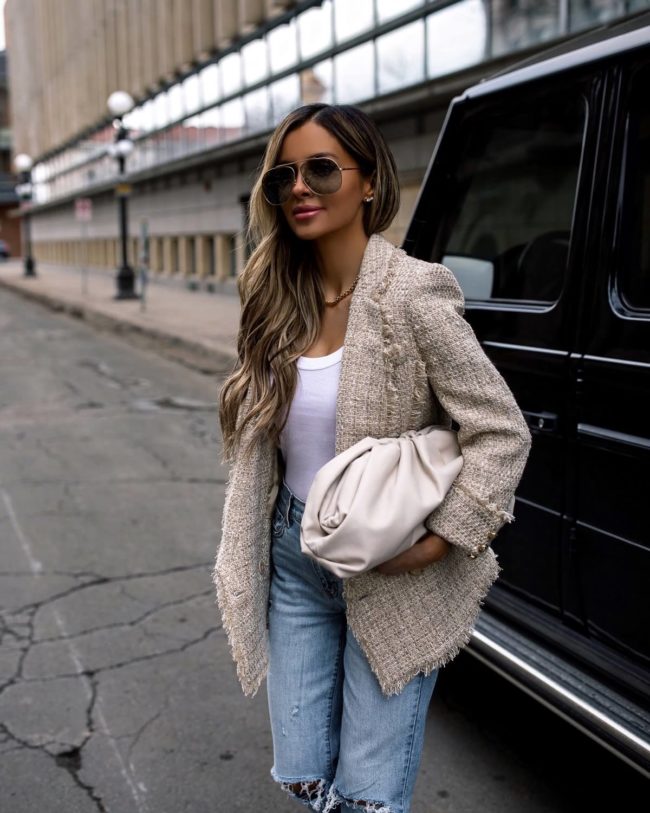 fashion blogger mia mia mine wearing a balmain tweed blazer for spring