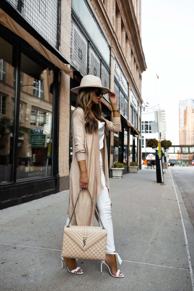 fashion blogger mia mia mine wearing a camel cardigan from walmart