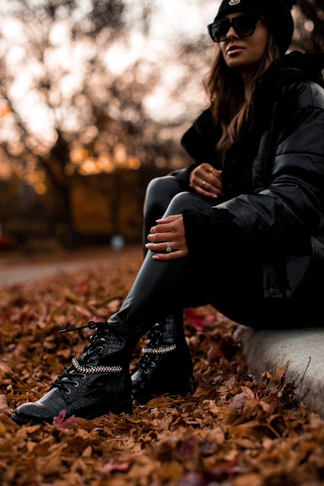 fashion blogger wearing express combat boots for fall