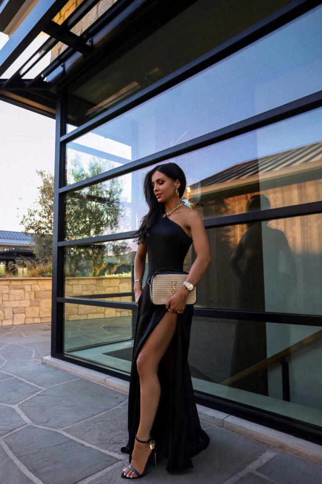 fashion blogger mia mia mine wearing a karen millen silk dress at the four seasons in napa valley