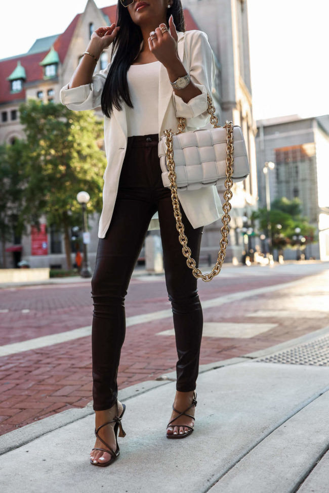 fashion blogger wearing brown coated denim from nordstrom with brown sandals