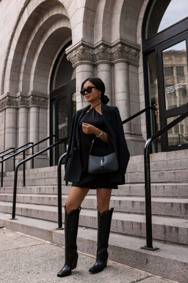 fashion blogger mia mia mine wearing a black good american blazer