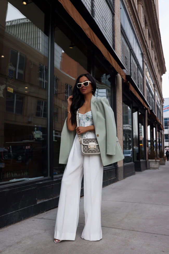 fashion blogger wearing an amazon sage green blazer