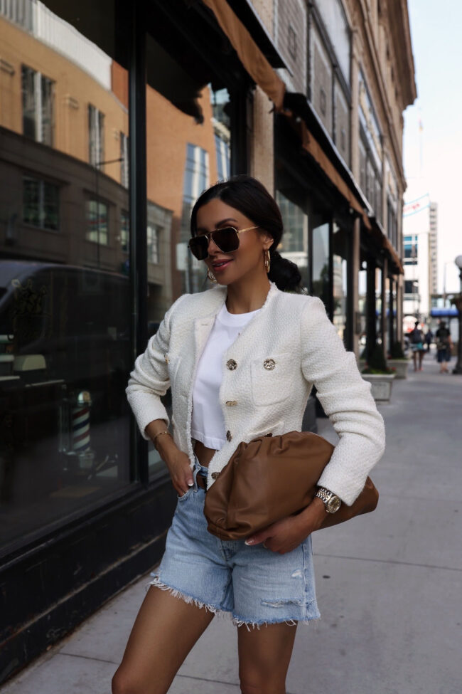 fashion blogger mia mia mine wearing a cropped tweed jacket from mango