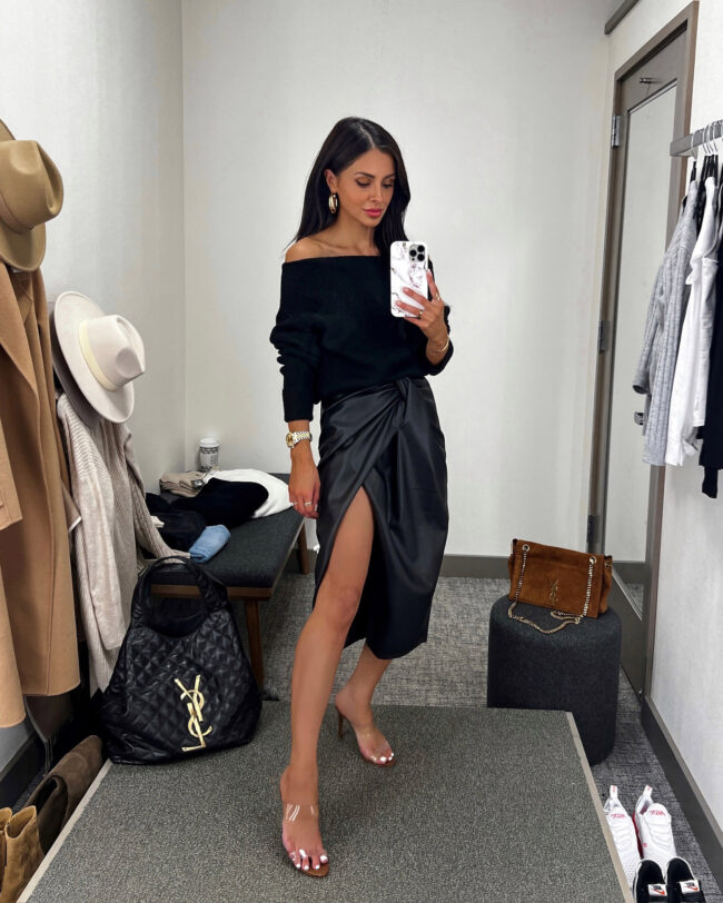 fashion blogger mia mia mine wearing a faux leather skirt for fall