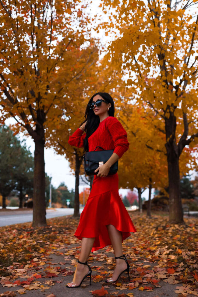 fashion blogger wearing a monochromatic red outfit for fall