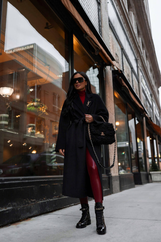 fashion blogger wearing red faux leather leggings and a commando bodysuit