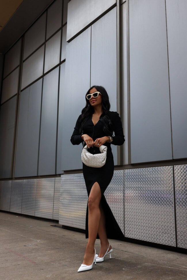 fashion blogger wearing a black knit set from nordstrom