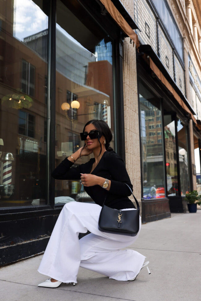 fashion blogger mia mia mine wearing wide leg white denim by mother