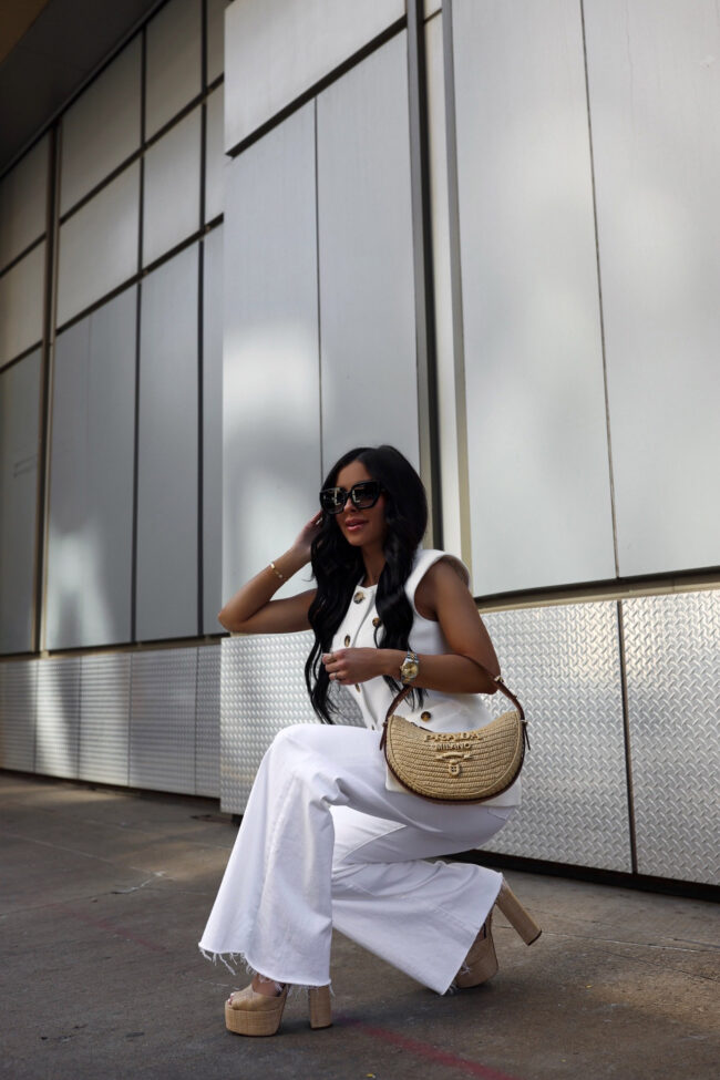 mia mia mine wearing the prada arque bag in crochet