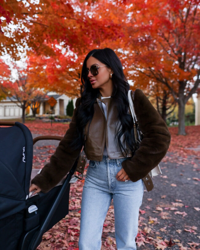 revolve influencer wearing a faux fur jacket for fall