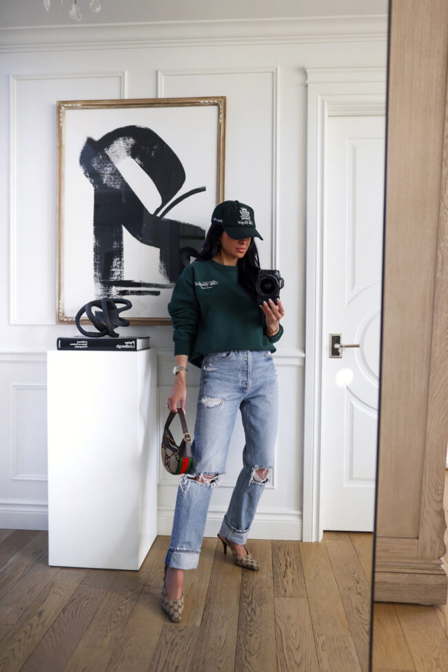 fashion blogger wearing a green sporty & rich sweatshirt from nordstrom