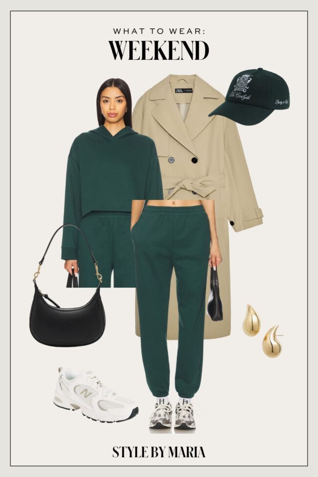 green sweatsuit and trench coat outfit